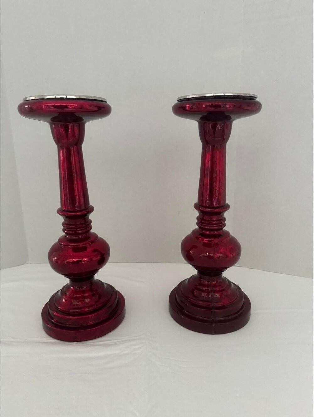 Red Mercury Glass Pedestal Candle Holders — Ribbed Columns & Silver Rims